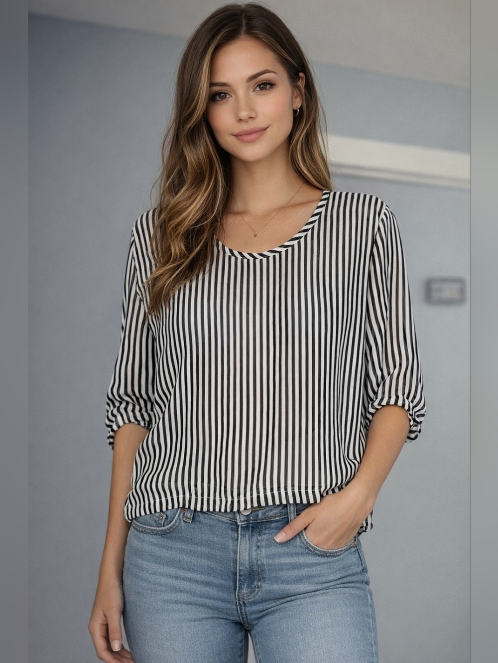 Vintage Reversible Black White Striped Sheer Blouse Oversized Size 8
